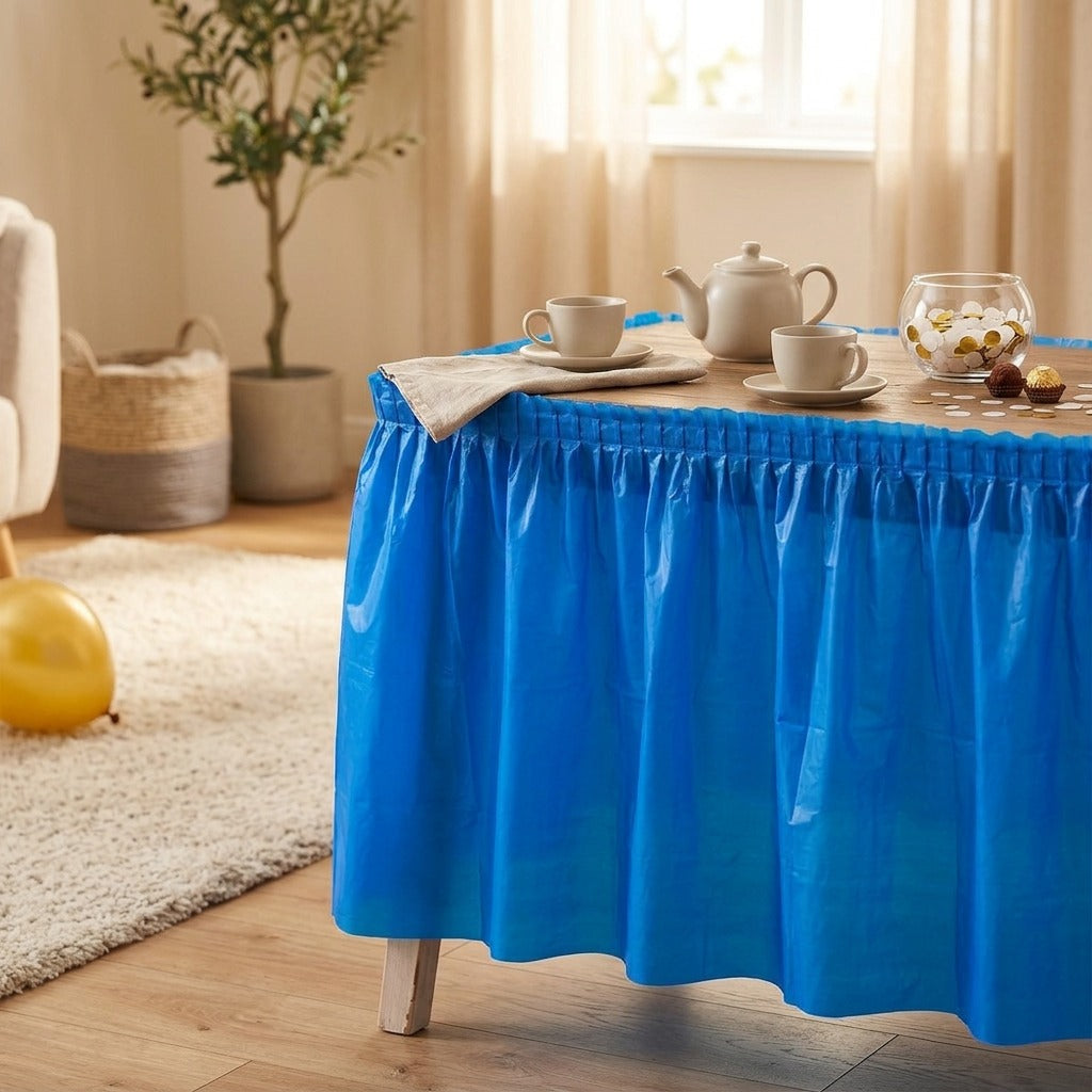 Skirlo™ PEVA Party Table Skirt, styled close view