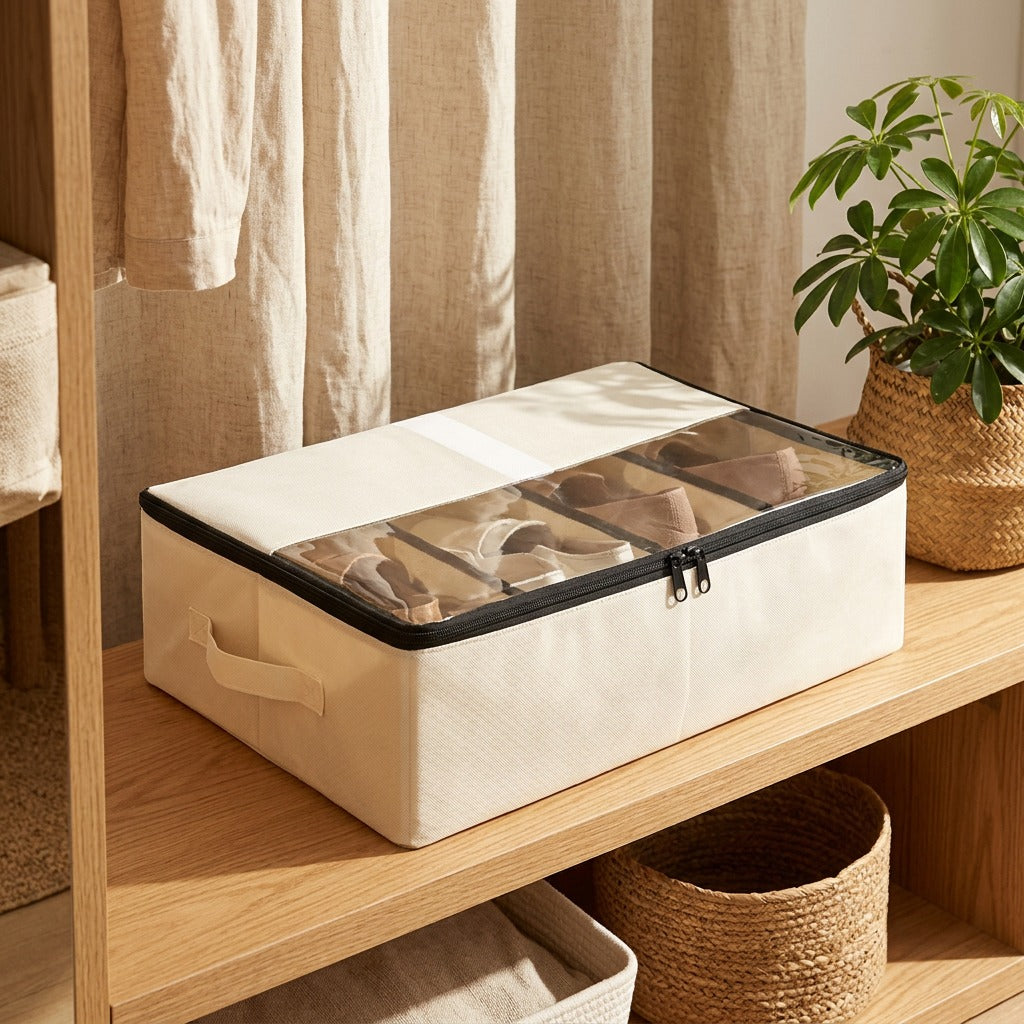 Stepcase™ Foldable Transparent Shoe Storage Box in a calm home setting