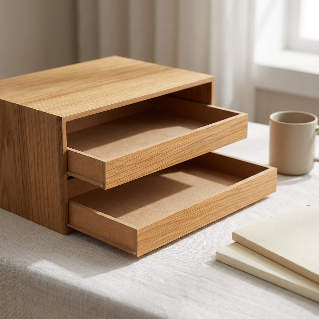 Timberly™ Solid Wood Desktop Organizer Box, styled close view