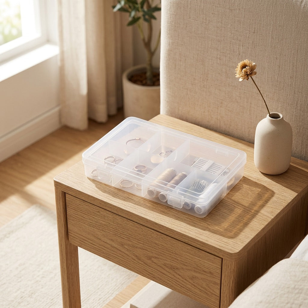 Sectionstow™ Clear Rectangular PP Storage Box with Divisions and Lid in a calm home setting