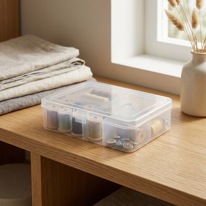 Sectionstow™ Clear Rectangular PP Storage Box with Divisions and Lid, styled close view