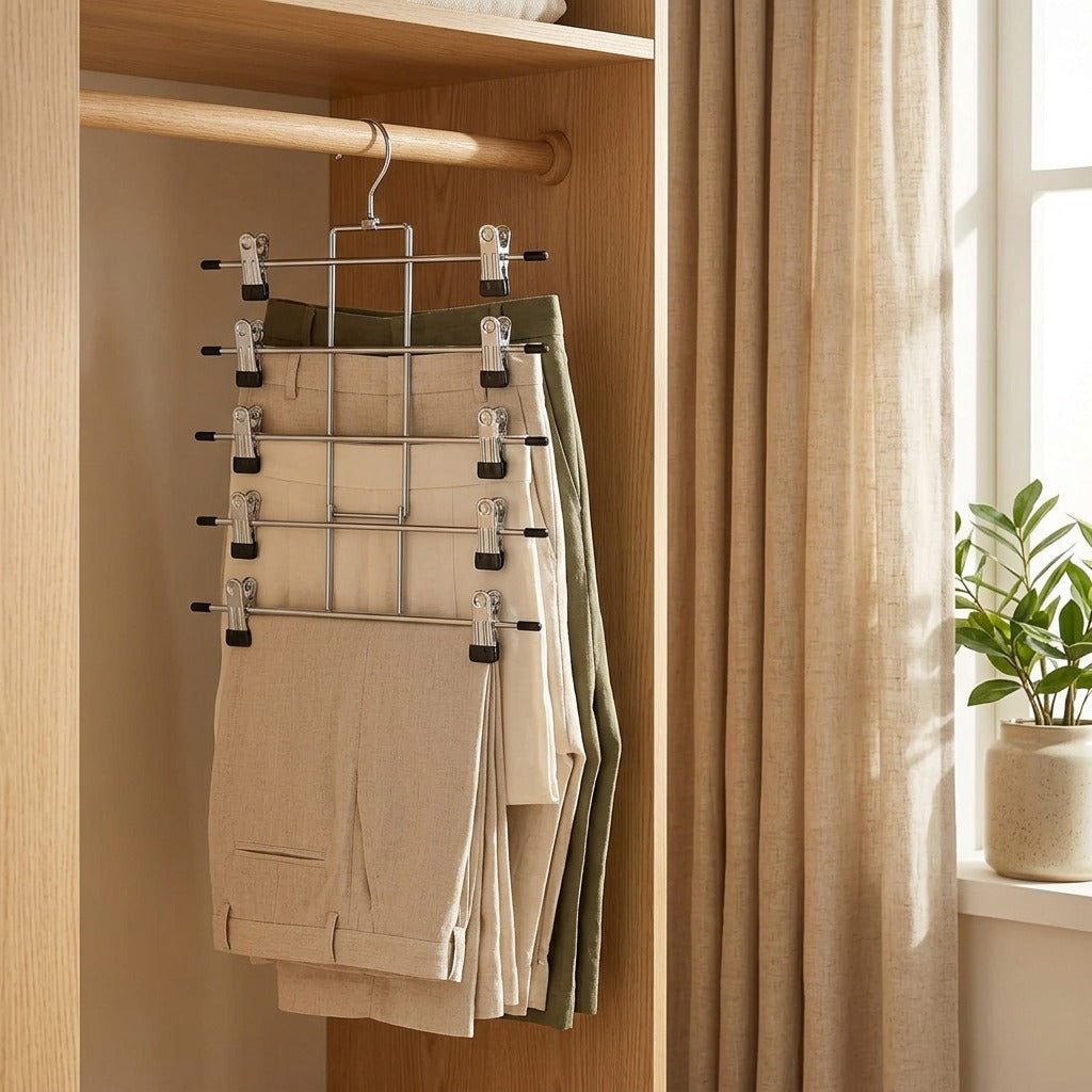 Trimrack™ Multi-Layer Pants Rack Hanger in a calm home setting