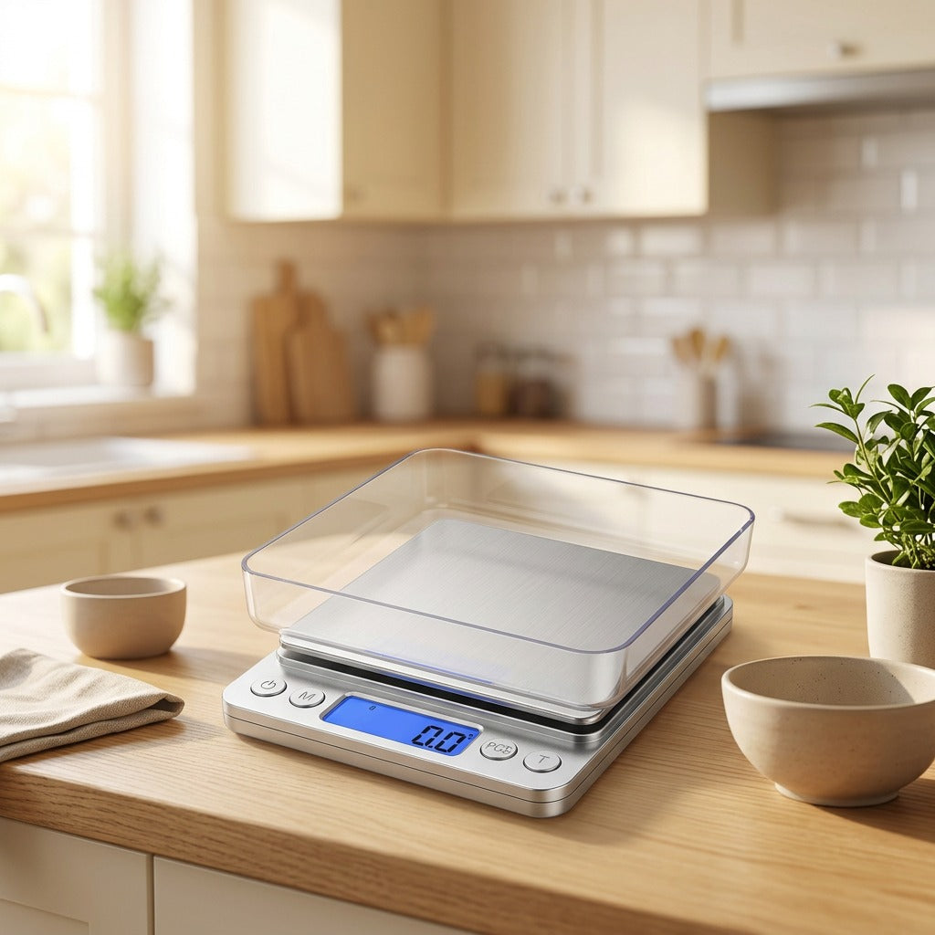 Trueweigh™ Stainless Steel Kitchen Scale in a calm home setting