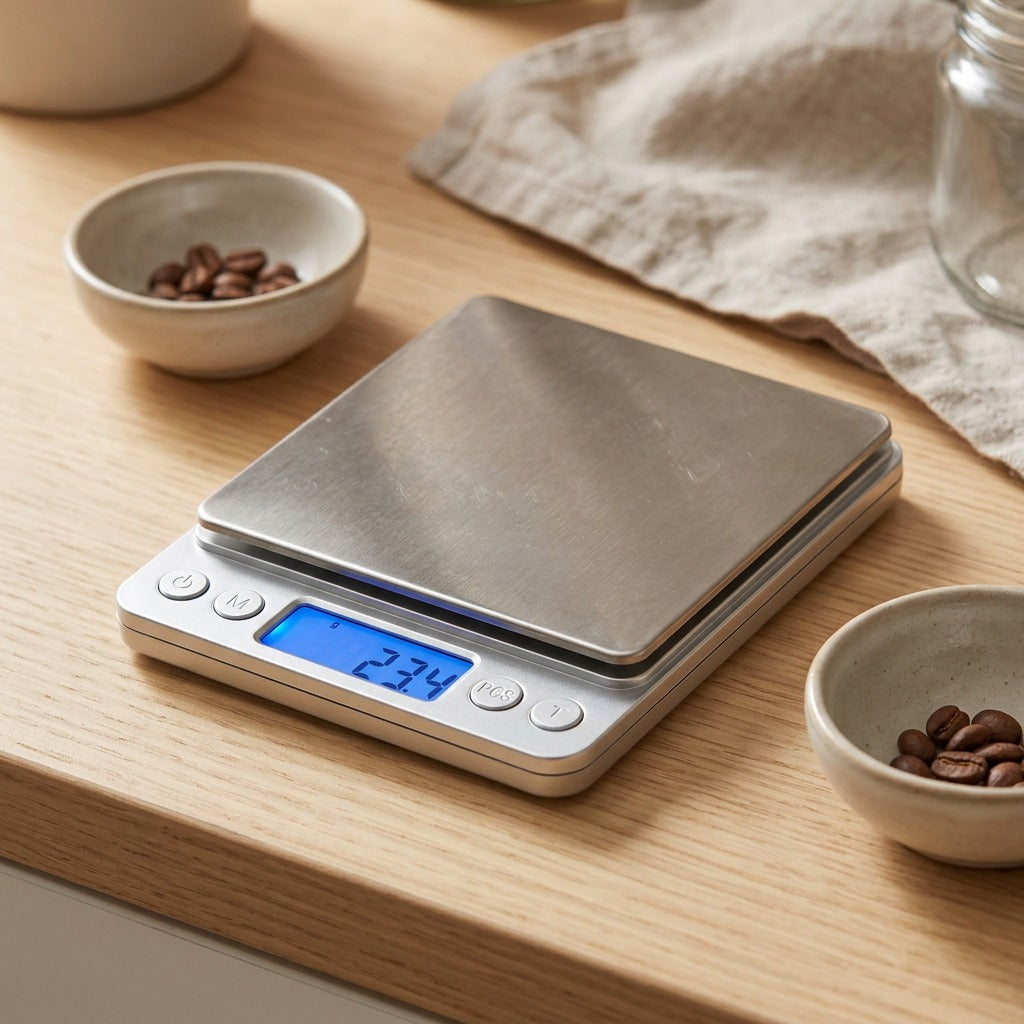 Trueweigh™ Stainless Steel Kitchen Scale, styled close view