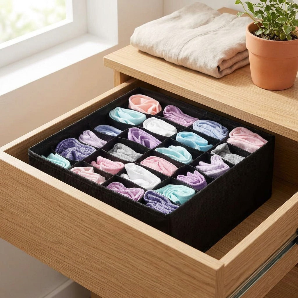 Briefnook™ Non-Woven Fabric Underwear Storage Box in a calm home setting