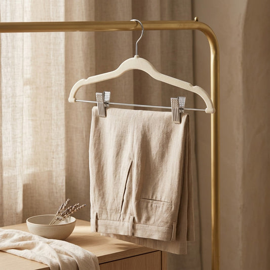 Velvetine™ Flocked Pants Hangers, styled close view