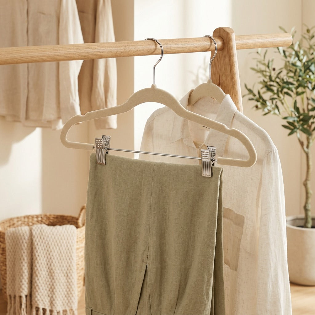 Cliphold™ Non-Slip Flocked Trouser Hanger with Adjusting Clip in a calm home setting