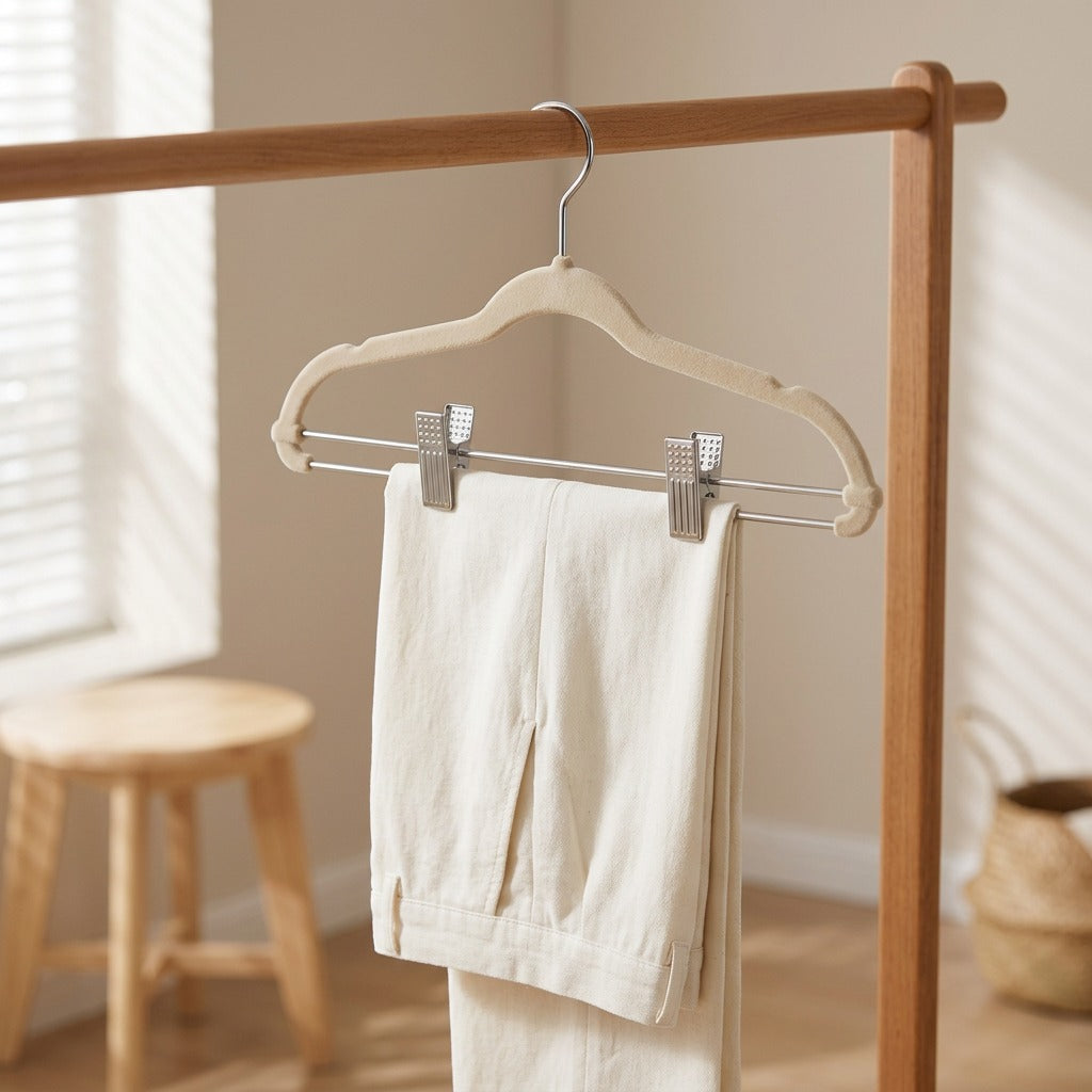 Cliphold™ Non-Slip Flocked Trouser Hanger with Adjusting Clip, styled close view