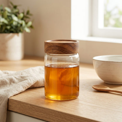 Acajar™ Glass Honey Jar with Acacia Wood Lid in a calm home setting
