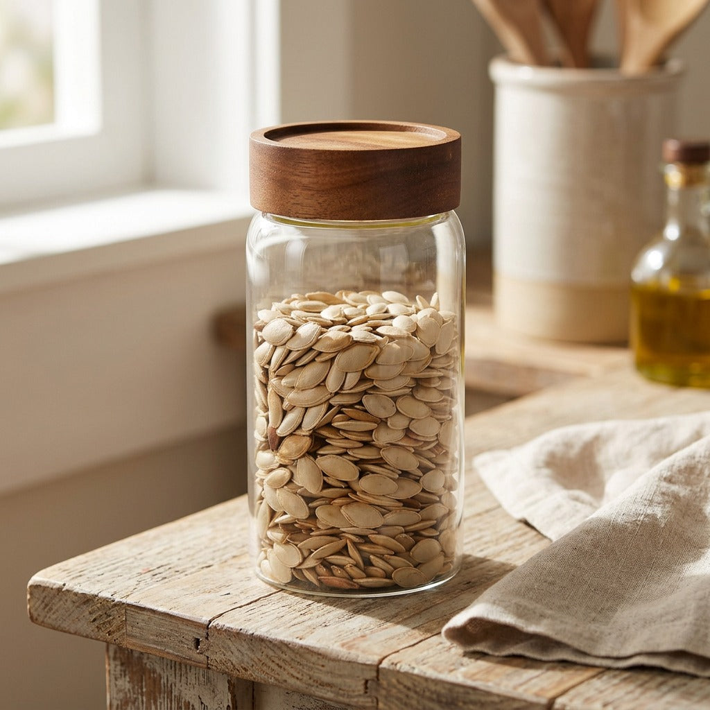 Acajar™ Glass Honey Jar with Acacia Wood Lid, styled close view
