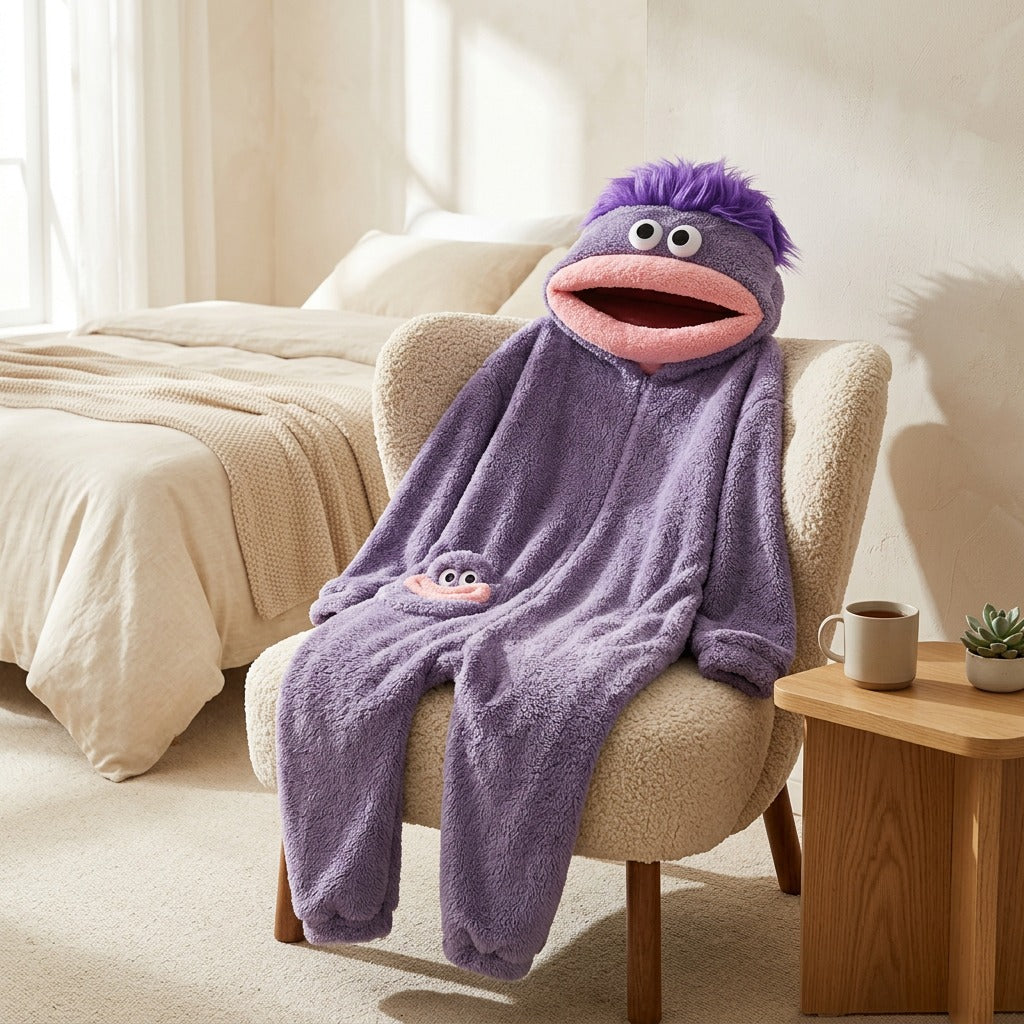 Fuzznest™ Couple's Coral Fleece Monster One-Piece Pajama in a calm home setting