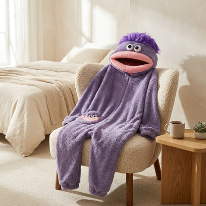 Fuzznest™ Couple's Coral Fleece Monster One-Piece Pajama in a calm home setting