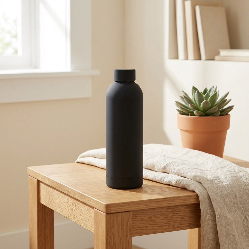 Heatlock™ Insulated Stainless Steel Water Bottle in a calm home setting