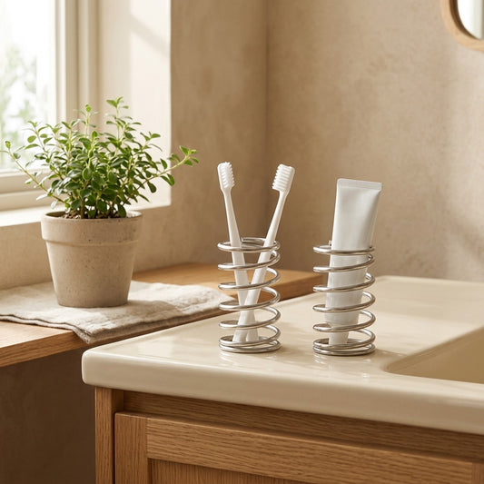 Brushkeep™ Stainless Steel Toothbrush Holder and Toothpaste Rack in a calm home setting