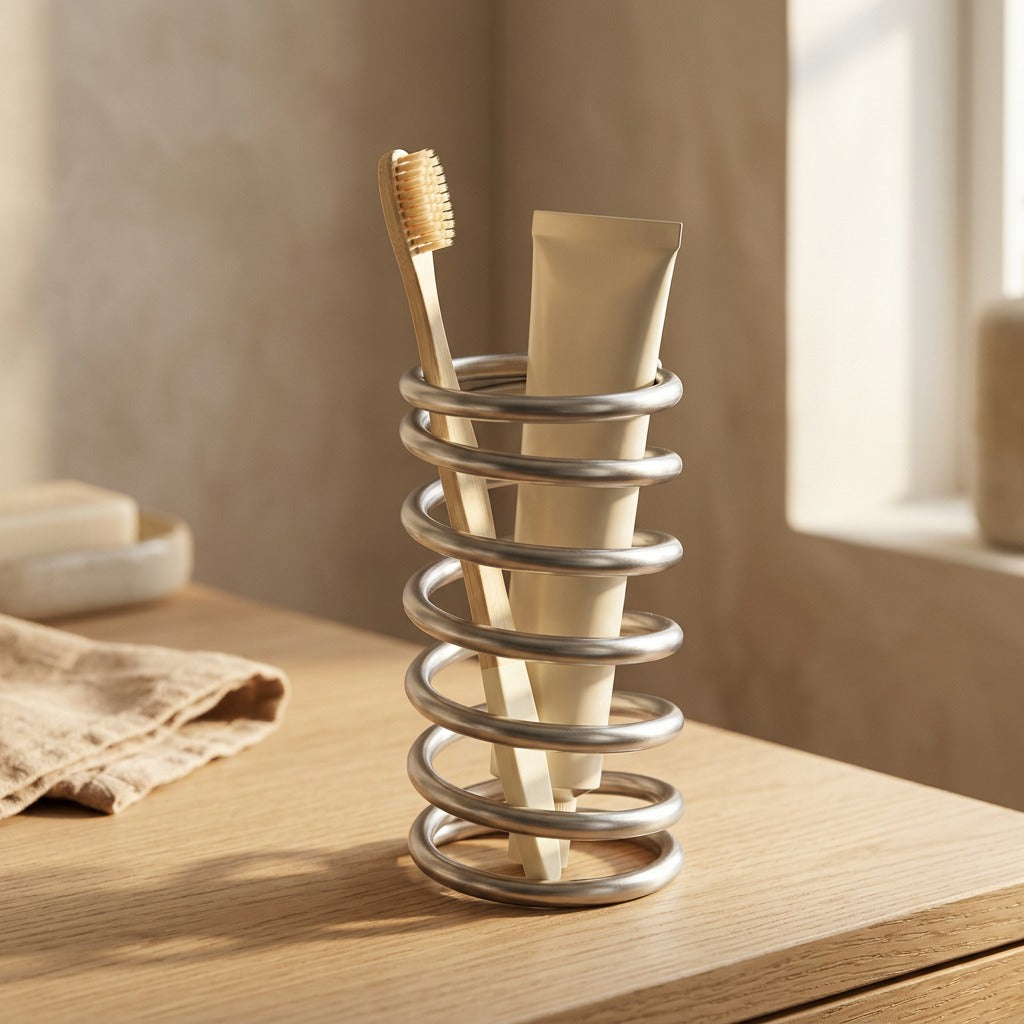 Brushkeep™ Stainless Steel Toothbrush Holder and Toothpaste Rack, styled close view