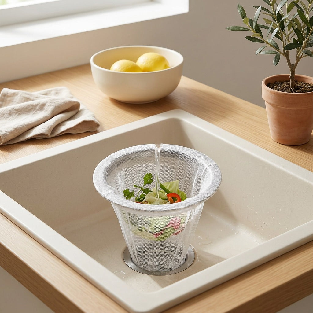Meshlip™ Spandex Sink Filter Net in a calm home setting