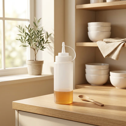Pourwell™ Plastic Pointed-Mouth Squeeze Bottle in a calm home setting
