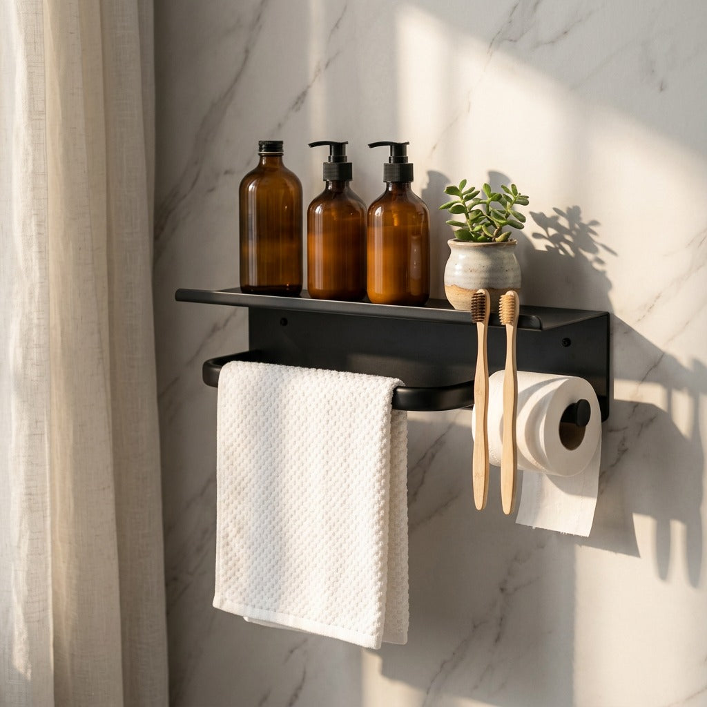 Tidywall™ 304 Stainless Steel Bathroom Storage Rack, styled close view