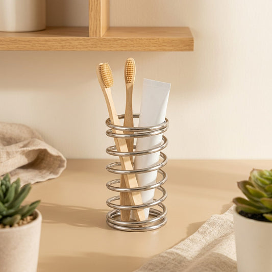Bristlerack™ Stainless Steel Countertop Toothbrush Rack in a calm home setting