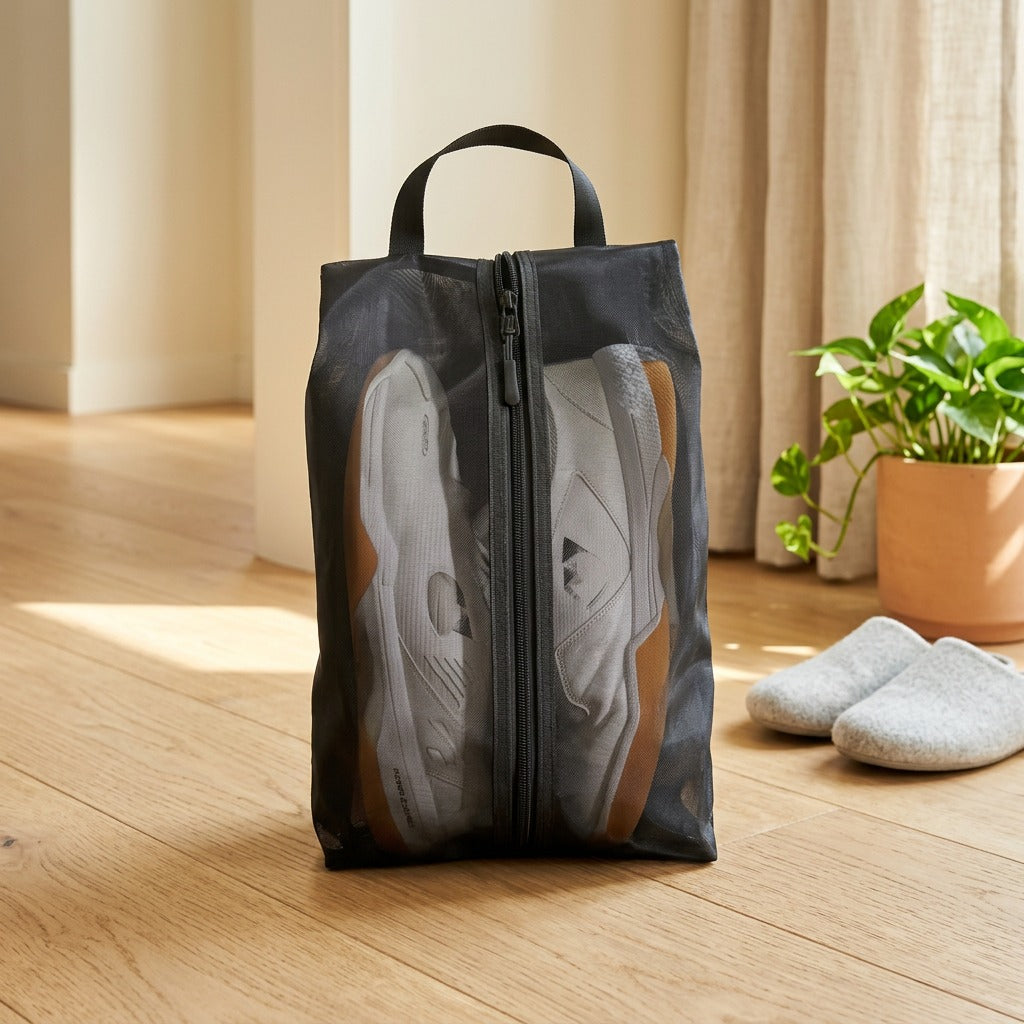 Meshway™ Nylon Mesh Shoe Storage Bag in a calm home setting