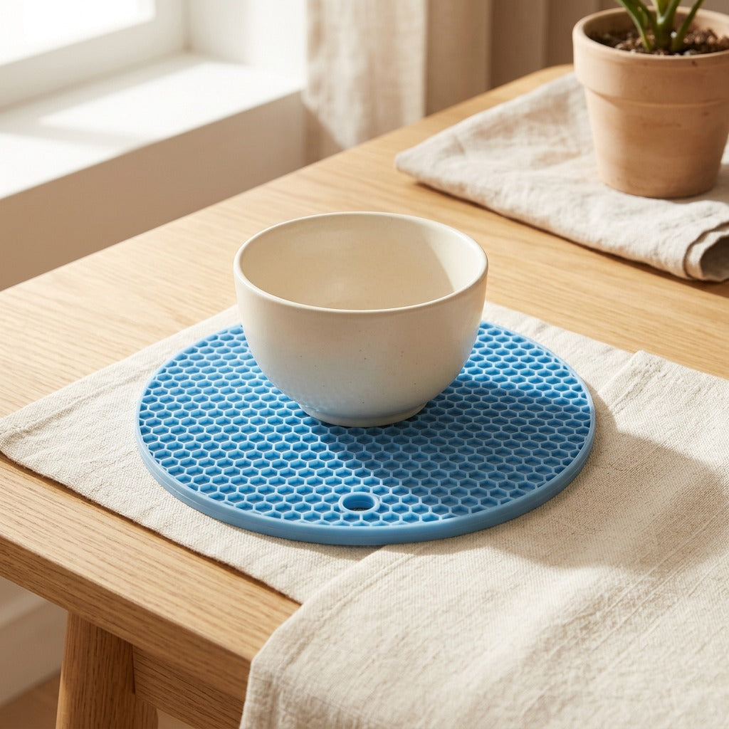 Scaldguard™ Silicone Anti-Scalding Placemat and Coaster Mat in a calm home setting