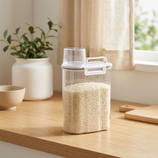 Cleartide™ Sealed PET Rice Storage Container in a calm home setting