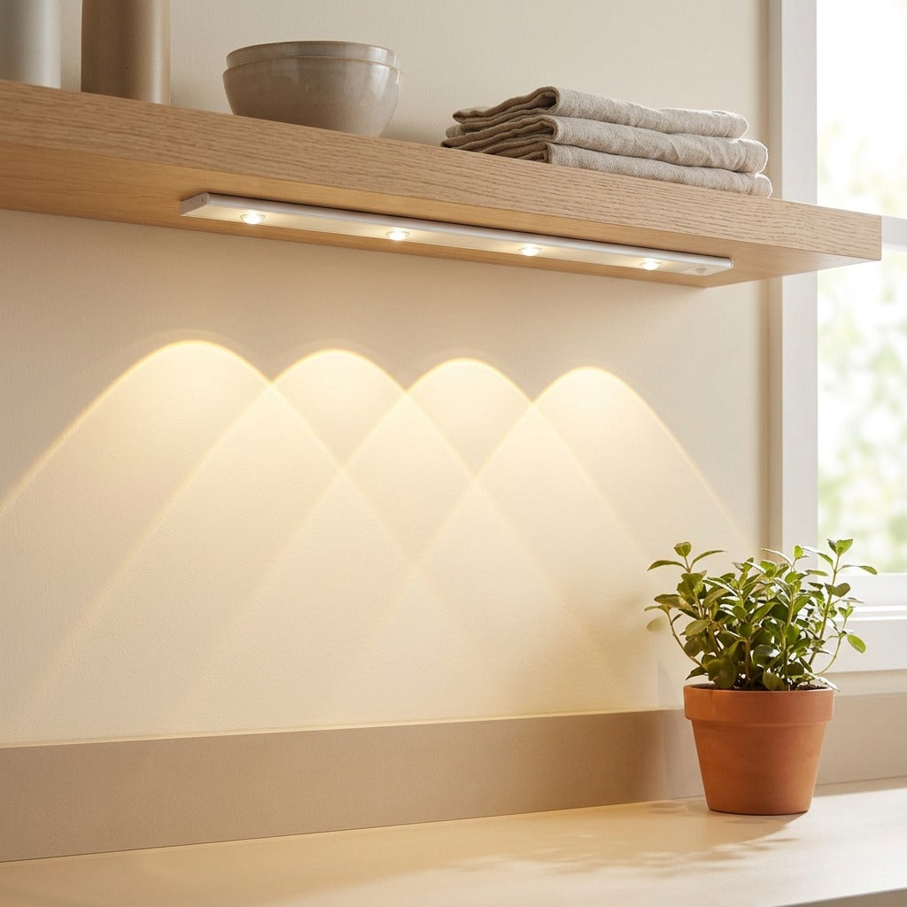 Motionbeam™ Wireless Human Body Sensor LED Cabinet Light in a calm home setting
