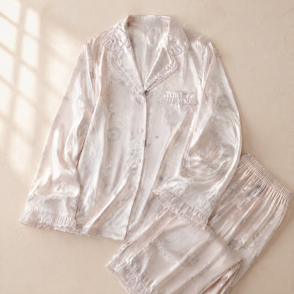 Lapelle™ Long Sleeve Ice Silk Pajama Set, material and detail close-up