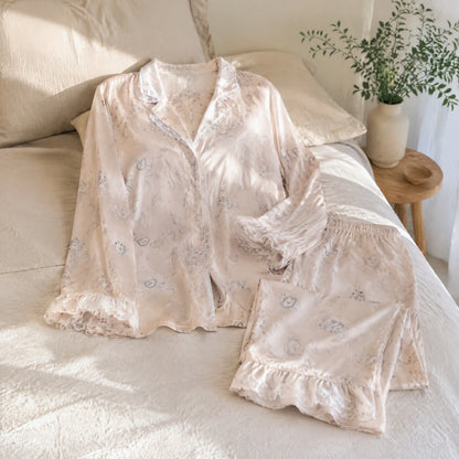 Lapelle™ Long Sleeve Ice Silk Pajama Set in a calm home setting