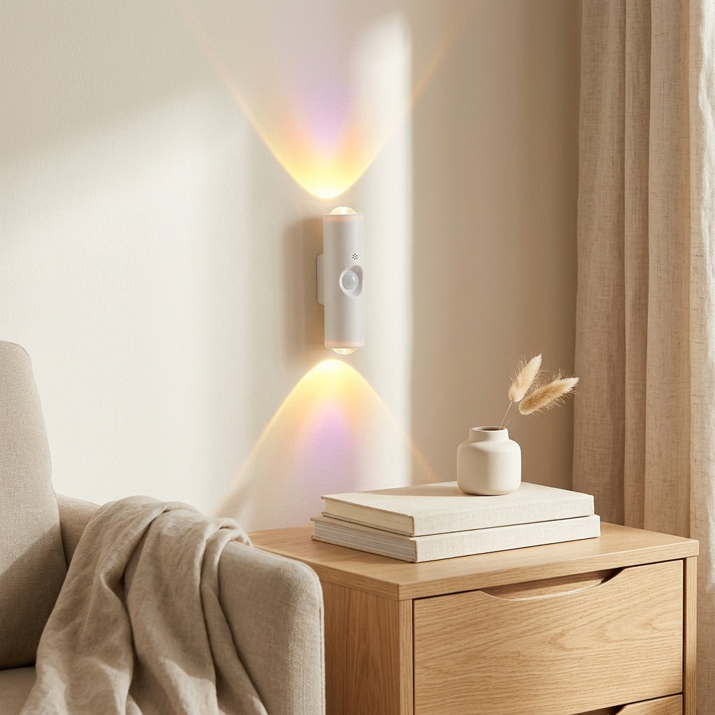 Nookglint™ Double-Headed Cat-Eye Motion Sensor Wall Light in a calm home setting