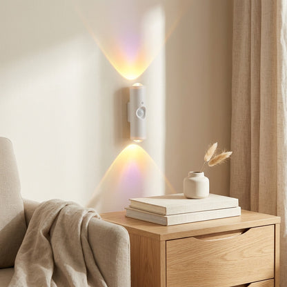 Nookglint™ Double-Headed Cat-Eye Motion Sensor Wall Light in a calm home setting