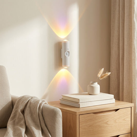 Nookglint™ Double-Headed Cat-Eye Motion Sensor Wall Light in a calm home setting