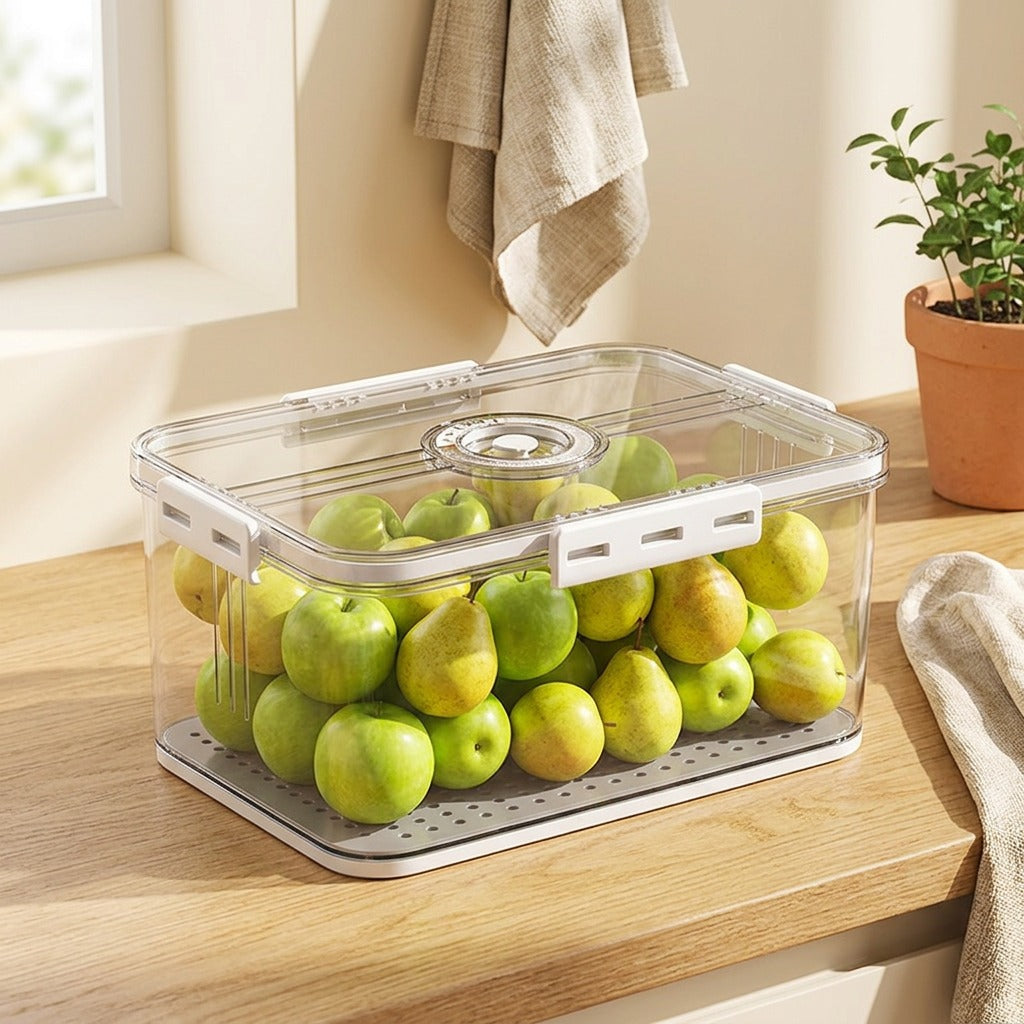 Rinsyle™ Clear Refrigerator Storage Box in a calm home setting