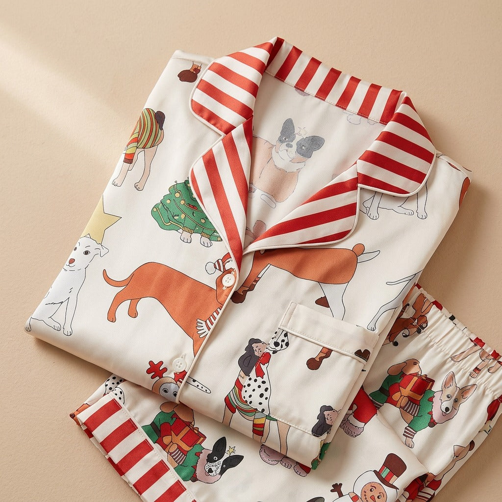 Snowpaw™ Christmas Dog Print Silky Pajama Set, material and detail close-up