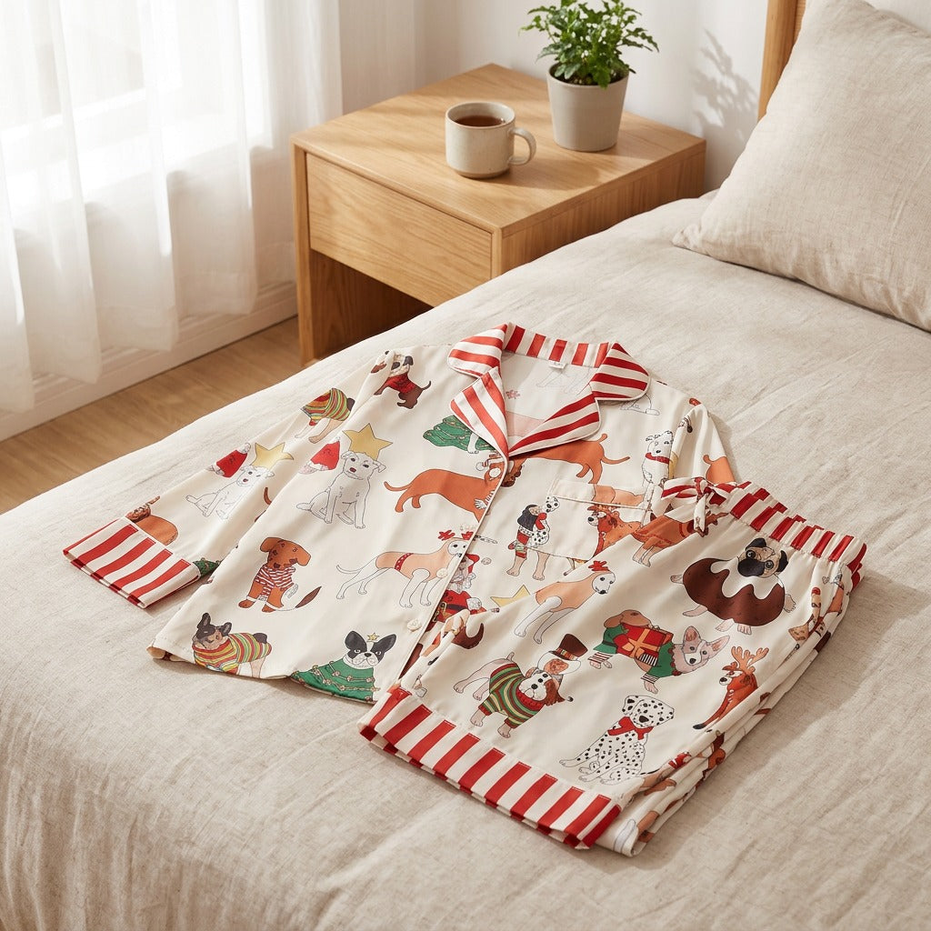 Snowpaw™ Christmas Dog Print Silky Pajama Set in a calm home setting