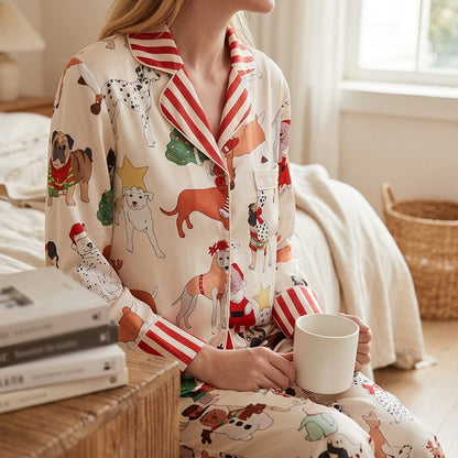 Snowpaw™ Christmas Dog Print Silky Pajama Set, styled close view