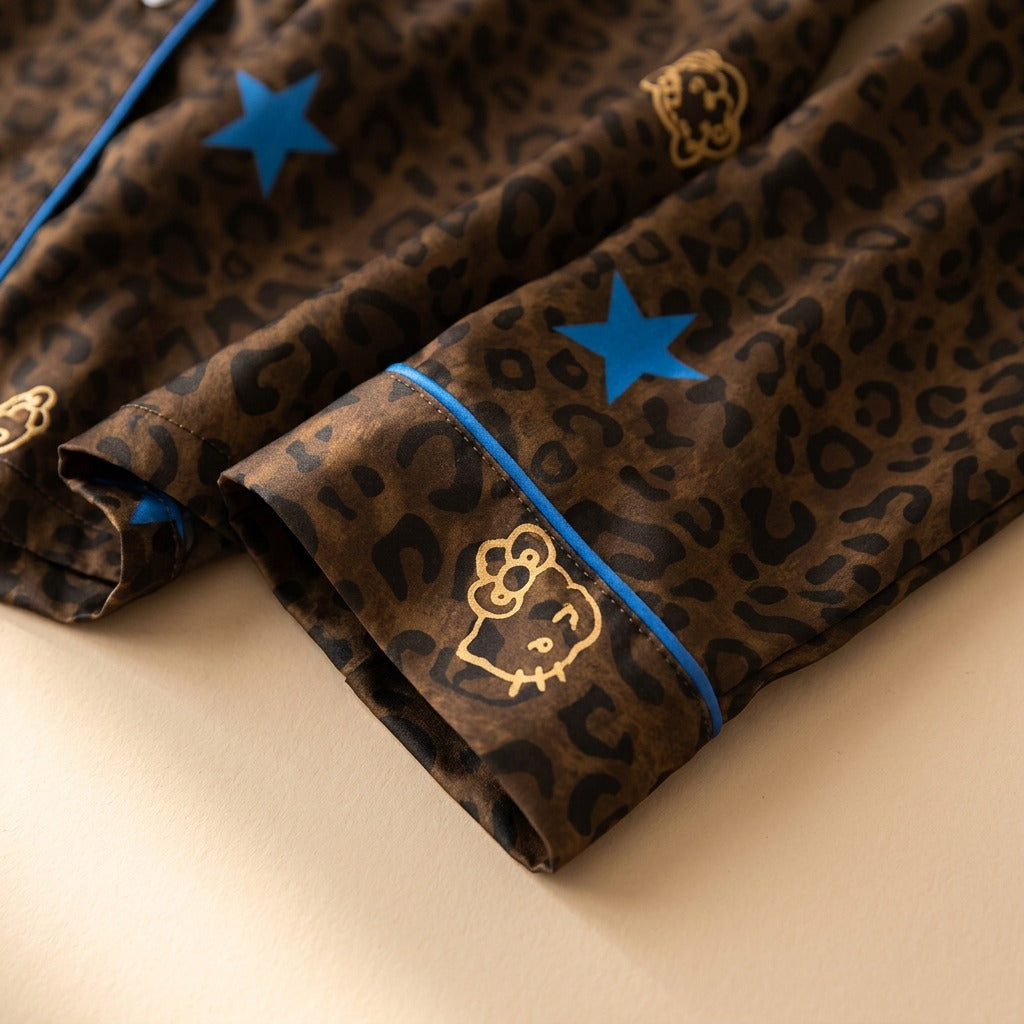 Starwhim™ Long Sleeve Leopard Print Pajama Set, material and detail close-up