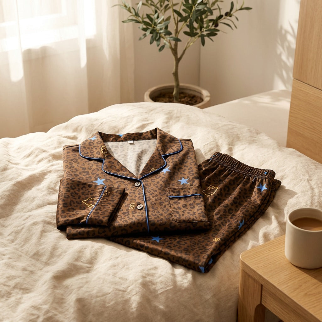 Starwhim™ Long Sleeve Leopard Print Pajama Set in a calm home setting