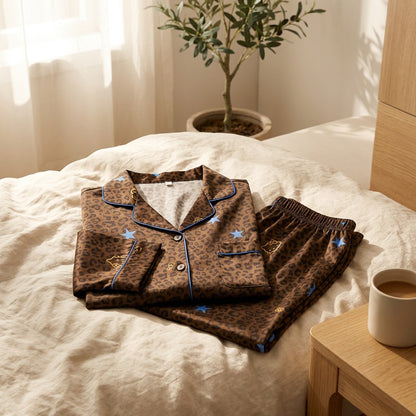 Starwhim™ Long Sleeve Leopard Print Pajama Set in a calm home setting