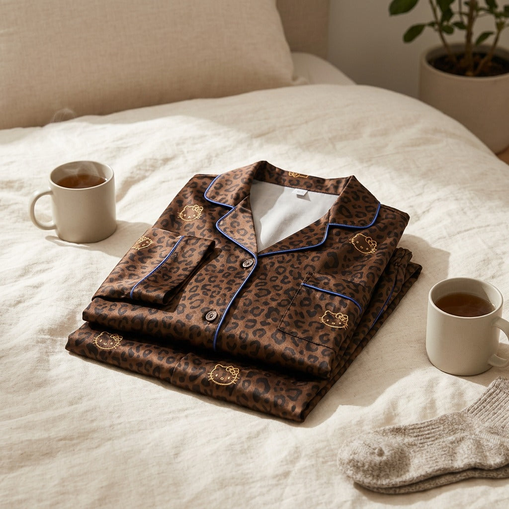 Starwhim™ Long Sleeve Leopard Print Pajama Set, styled close view