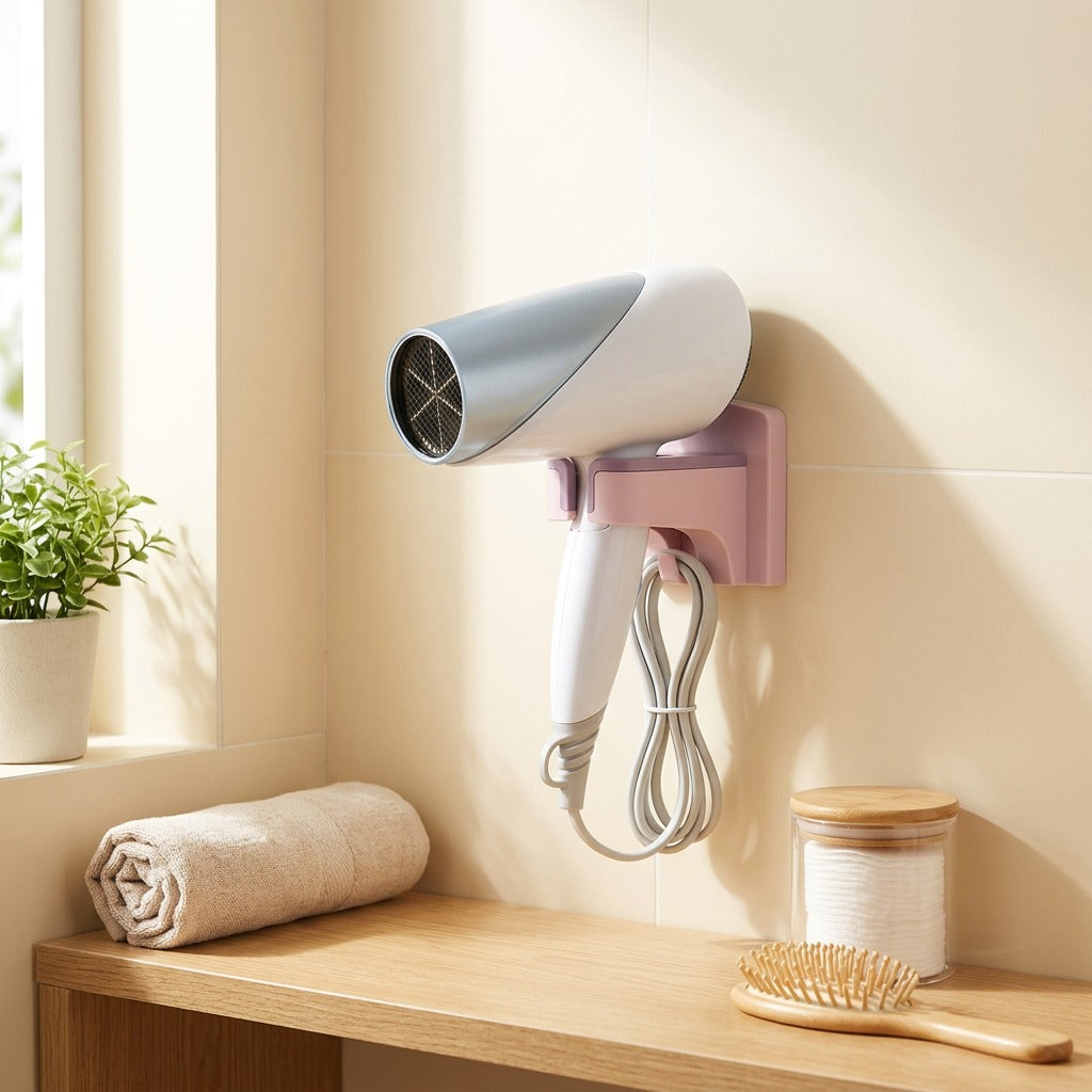Dryhold™ Punch-Free Wall Mounted Hair Dryer Holder Rack in a calm home setting