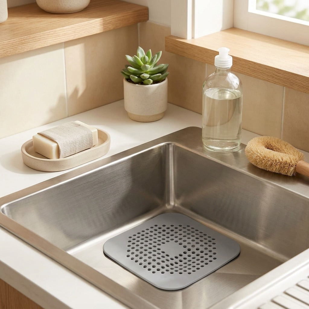 Siltide™ TPR Silicone Floor Drain Hair Filter Mat in a calm home setting