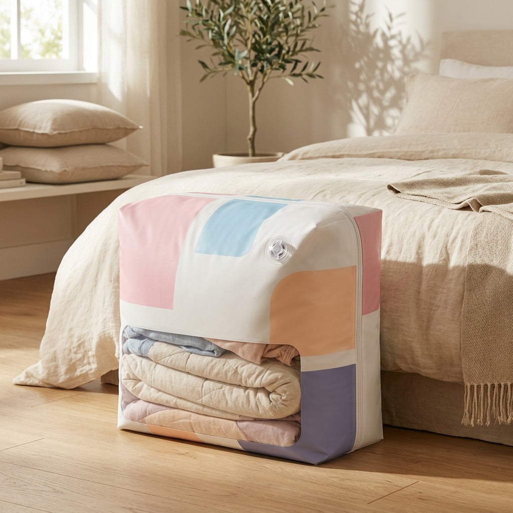 Spacefold™ Pump-Free Compression Storage Bag for Quilts and Clothes in a calm home setting