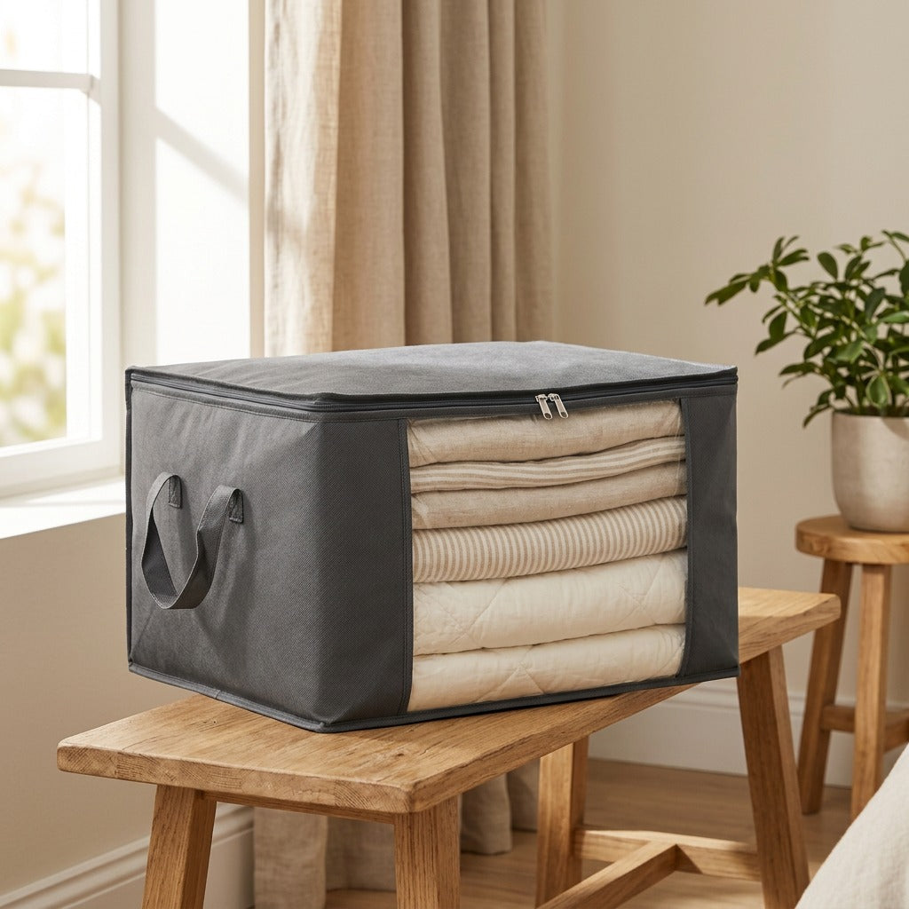 Duvetote™ Non-Woven Storage Bag for Quilts and Clothing in a calm home setting
