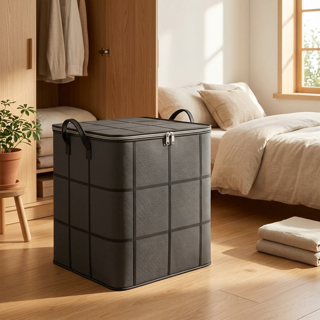 Loomcase™ Extra Large Woven Quilt Storage Bag in a calm home setting