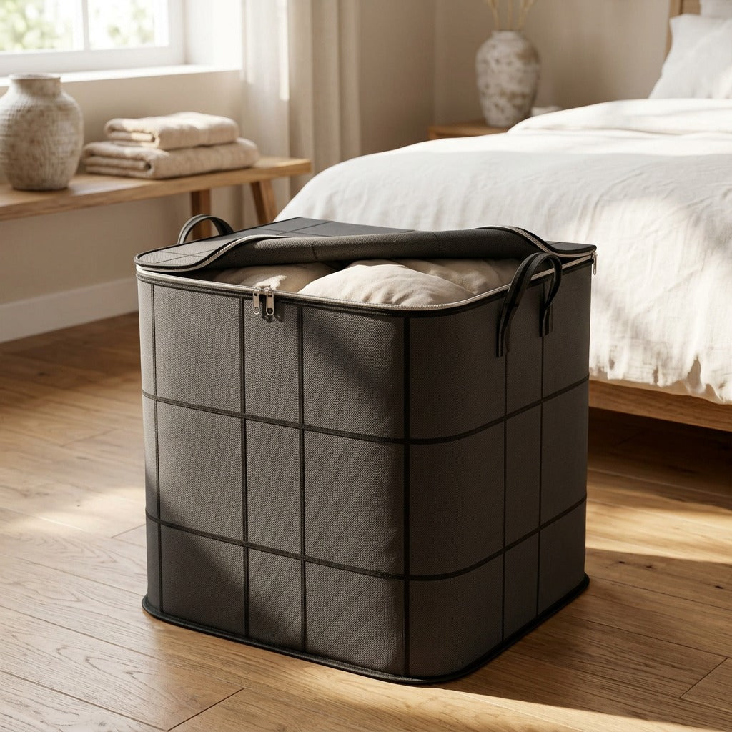 Loomcase™ Extra Large Woven Quilt Storage Bag, styled close view