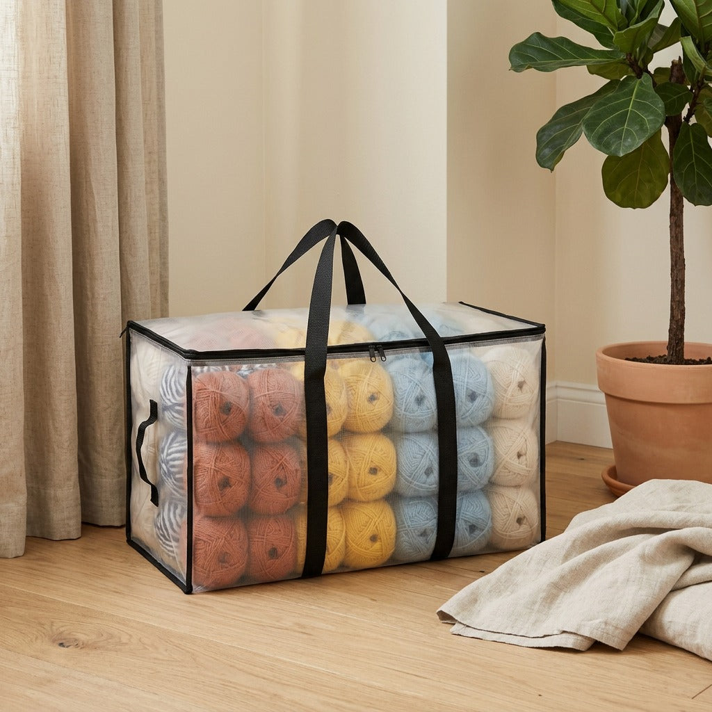 Packfold™ Transparent P.P. Moving Bag in a calm home setting