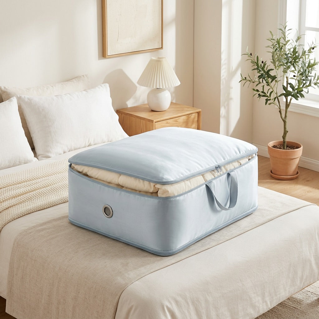 Stowsatin™ Satin Quilt Storage Bag in a calm home setting