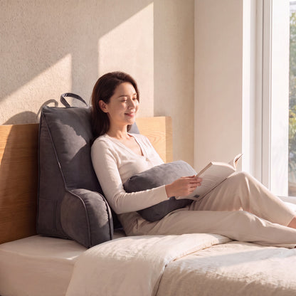 Alcove Bed Reading Pillow: in use
