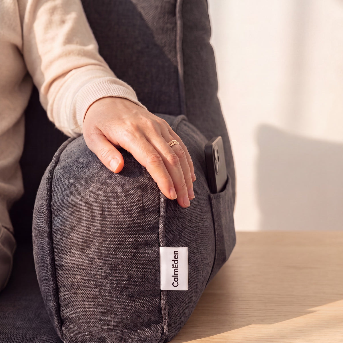 Alcove Bed Reading Pillow: in use